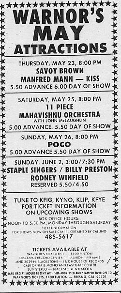 Show ad for Poco with Golden Earring concert Fresno - Warnor's May 26, 1974